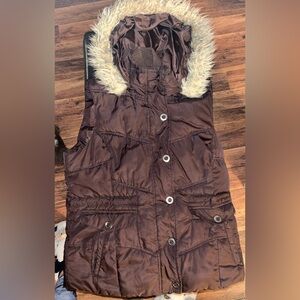 Brown Fur-Lined Hooded Vest
